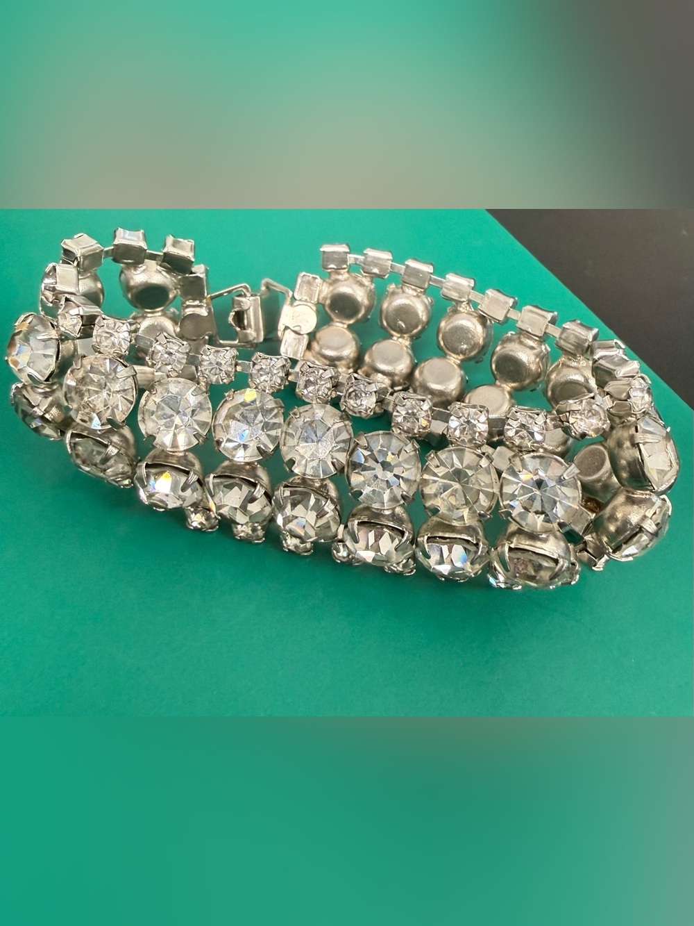 Vintage Rhinestone Bracelet 4 Rows Prong-set Crystal stones silver tone setting